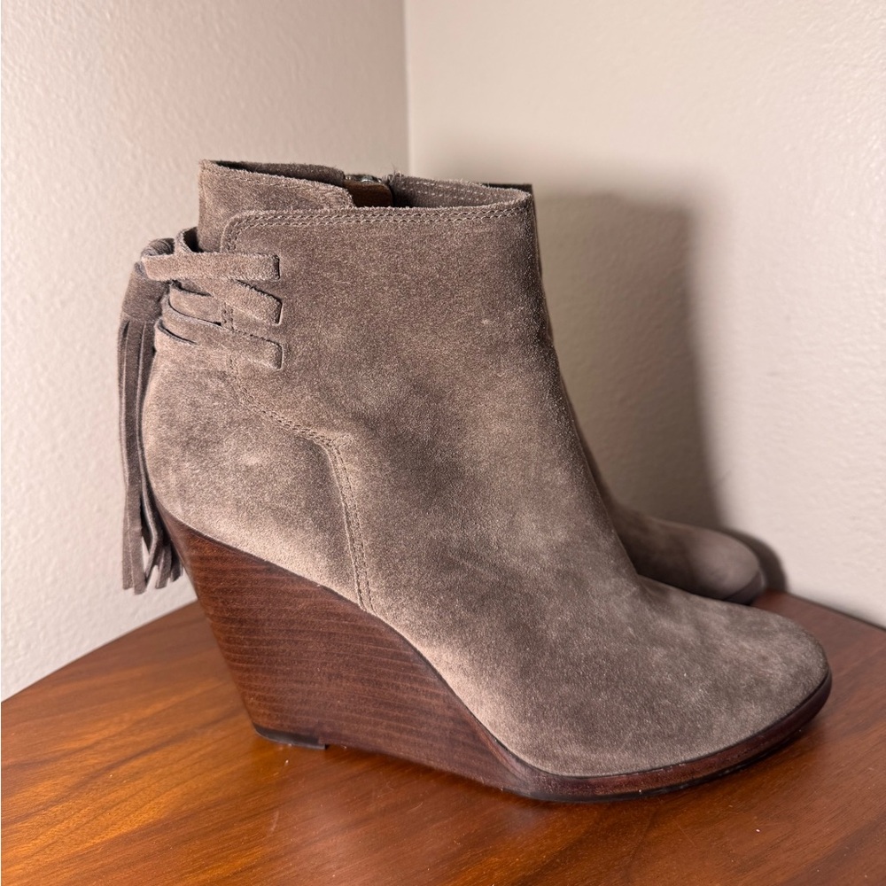 Frye Cece Tassel Wedge Booties in Elephant Suede Size 8.5